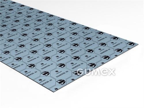 Vláknitopryžová deska DIMERSIL 30, tloušťka 0,5mm, 1500x1500mm, 120bar, NBR/aramidová vlákna, +330°C (pára +250°C), krátkodobá 450°C, světle modrá